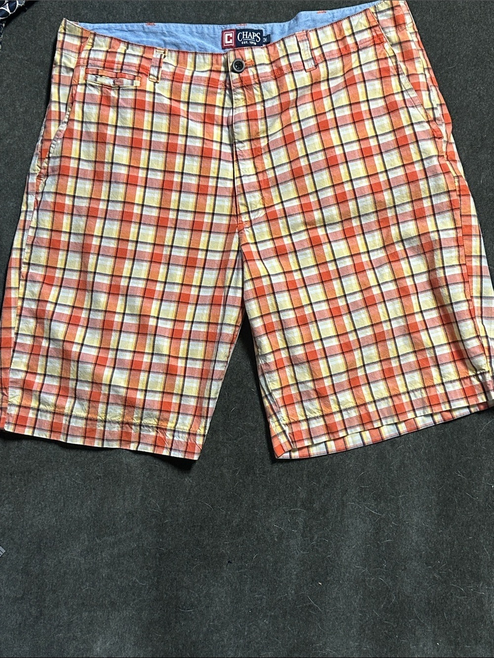 Chaps Men’s Plaid Flat Front Shorts Size 36 Orange Blue Cotton Preppy Golf